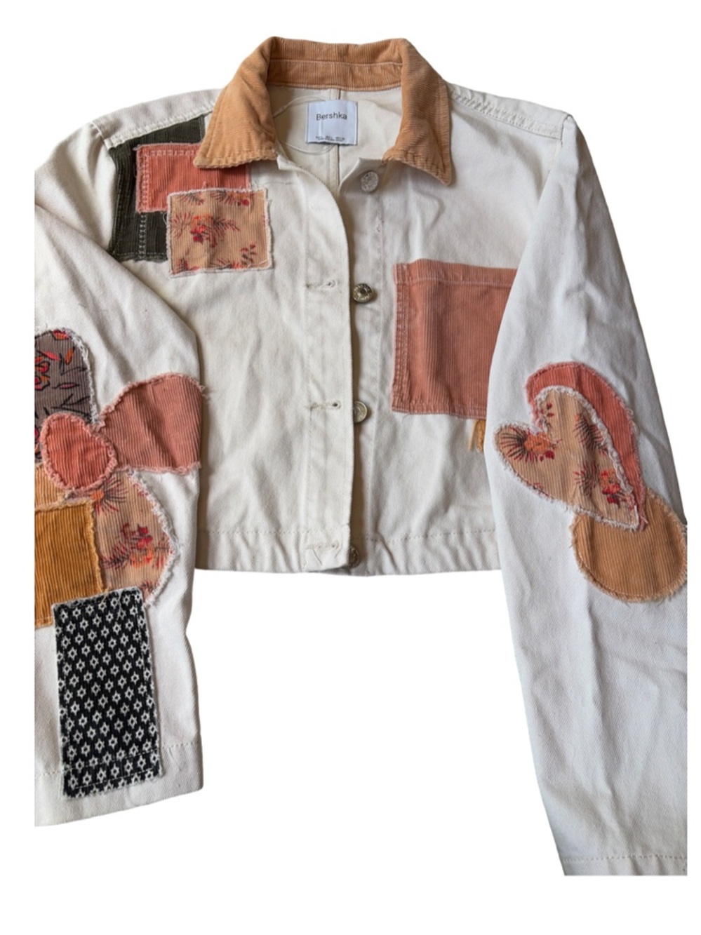 Bershka Cream Denim Jacket with Tan Corduroy Collar and Peach Patchwork